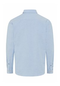 Himmelblaues Langarmshirt mit kragenfreiem Ausschnitt, Knopfmanschetten und einer glatten Textur. Es hat ein schlichtes Design und einen abgerundeten Saum.