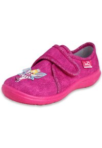 Rosa Stoffschuh mit einem Klettverschluss, der ein gesticktes Feenmotiv an der Zehe aufweist. Strukturiere Oberfläche und Gummisohle für besseren Halt.
