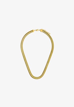 Złoty naszyjnik metalowy o elastycznym, spiralnym wzorze. Posiada gładką fakturę i bezpieczne zapięcie, tworząc ogólnie trójkątny kształt.