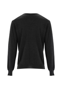 Dunkelgrauer Pullover mit Rundhalsausschnitt, langen Ärmeln und gerippten Bündchen. Aus weichem, strukturiertem Stoff gefertigt. Schlichtes und klassisches Design.