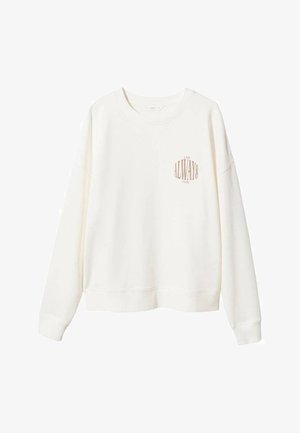 Sweatshirt blanc en tissu doux, avec un col rond, des manches longues, une coupe décontractée, et un petit logo "ALWAYS" en marron clair.