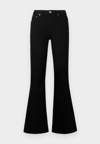 Μαύρα τζιν καμπάνα με ψηλή μέση, διαθέτουν θηλιές για ζώνη, κλείσιμο με κουμπί μπροστά και κλασικό σχέδιο με πέντε τσέπες. Ομαλή υφή τζιν υφάσματος.