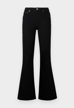 Zwarte uitlopende jeans met een hoge taille, voorzien van riemlussen, een knoopsluiting aan de voorkant en het klassieke ontwerp met vijf zakken. Gladde denimtextuur.