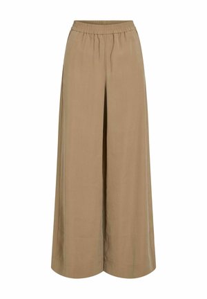 Pantalon beige à jambes larges et taille haute avec taille élastique, fabriqué en tissu léger, adapté pour un port décontracté ou professionnel.