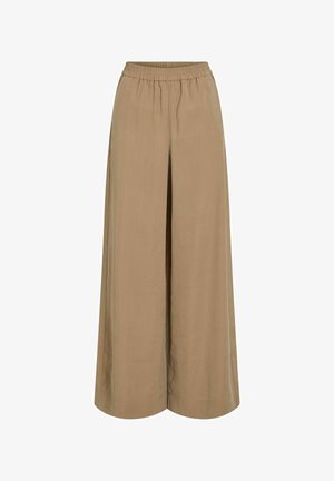 Beige broek met wijde pijpen en hoge taille, voorzien van een elastische tailleband, gemaakt van lichtgewicht stof, geschikt voor zowel casual als professionele kleding.