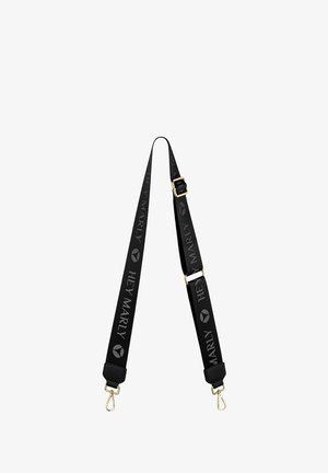 Black fabric handbag strap with "HEY MARLY" text, adjustable gold hardware, and lobster claw clips on each end. Smooth texture.