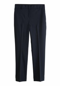 Marineblauwe op maat gemaakte broek met een vlakke voorkant, ri loops en zijzakken. Gemaakt van een soepele stof met een rechte pijp.
