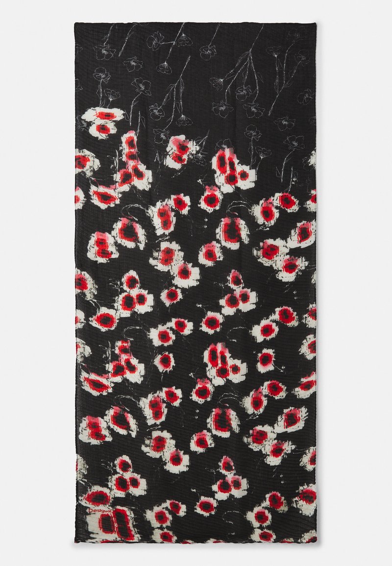 Tissu noir avec un motif floral en rouge et blanc. Surface texturée avec des formes variées de fleurs et des détails subtils.