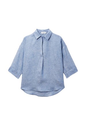Blouse en lin bleu clair à manches trois-quarts, avec col et fente devant au niveau du décolleté, ourlet légèrement arrondi, coupe décontractée.