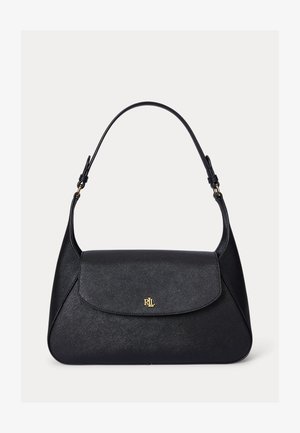 Juoda odinė pečių rankinė su reguliuojama dirželiu ir auksinės spalvos „RL“ logotipu ant priekinio sklendės, tekstūruota paviršius, struktūruota forma.