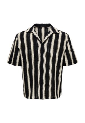 Koszula z krótkim rękawem zapinana na guziki, z czarno-białymi pionowymi paskami z szydełkowej koronki i kapturem typu camp.