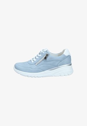 Light blue suede sneaker with white laces, side zipper, white padded heel, and thick white sole with silver detail.