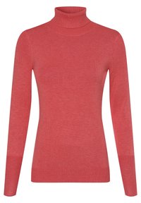 Punainen ribbineulottu pooloneule, vartalonmyötäinen malli, pitkät hihat, teksturoitu kangas, jossa sileä pinta ja hienovarainen värivaihtelu.