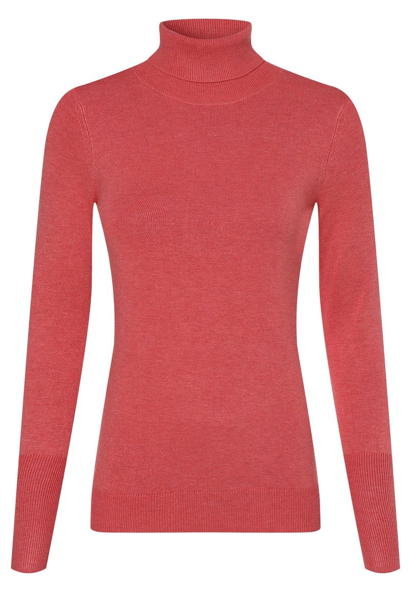 Punainen ribbineulottu pooloneule, vartalonmyötäinen malli, pitkät hihat, teksturoitu kangas, jossa sileä pinta ja hienovarainen värivaihtelu.