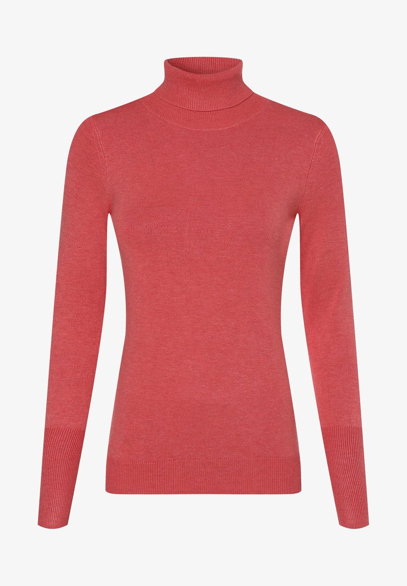 Red ribbed turtleneck sweater, fitted design, long sleeves, textured fabric, featuring a smooth finish and subtle color variation.
