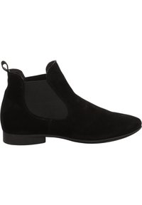 Schwarze Wildleder Chelsea-Boots mit elastischen seitlichen Einsätzen, runder Zehenpartie und niedrigem Blockabsatz. Glatte Textur mit minimaler Detailgestaltung.