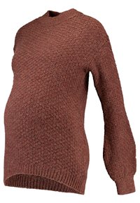 Hnědý pletený těhotenský svetr s dlouhými rukávy a žebrovanými manžetami a lemem, navržený tak, aby pohodlně seděl přes těhotenské břicho.