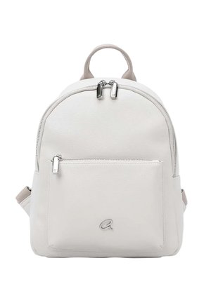 Piccolo zaino bianco con tasca frontale con cerniera, tiretti delle cerniere in argento, maniglia in tessuto e spallacci regolabili.