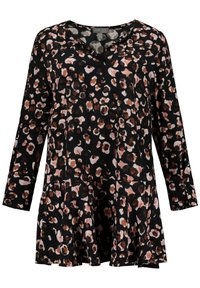 Långärmad svart tunika med lös passform och ett abstrakt blommönster i brunt, rosa och beige.