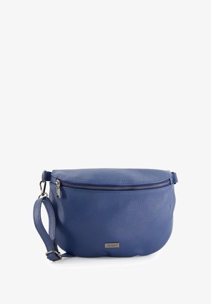 Blauwe leren crossbody tas met een gestructureerd oppervlak, zilveren rits en een afneembare schouderband. Logo-plaatje aan de voorkant.