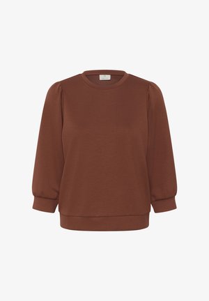 Barna, hosszú ujjú blúz puffadt ujjakkal, kerek nyakkivágással és szűk mandzsettákkal, fehér háttéren bemutatva.