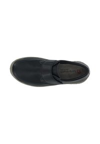Black leather slip-on shoe with a textured surface, featuring a wide elastic strap across the upper and a contrasting rubber sole.