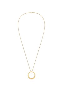 Guldtonet halskæde med en tynd kæde og en cirkulær vedhæng. Vedhænget har en glat, poleret overflade og hænger centralt.