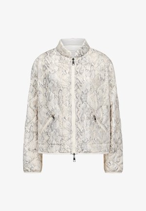 Gesteppte Bomberjacke mit cremefarbenem und grauem Schlangenprint, Frontreißverschluss und zwei Seitentaschen mit silberfarbenen Details.