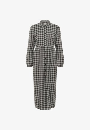 Dlhé čierno-biele kárované šaty, s gombíkmi na prednej strane, s golierom, dlhé rukávy s elastickými manžetami a sťahovaný pás.