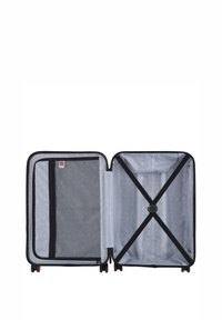 Black suitcase with a zipped opening. Interior features a light gray fabric lining, a mesh pocket, and cross straps for securing items.