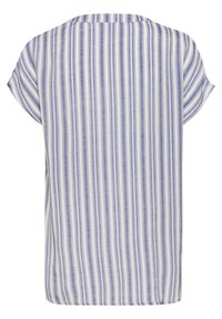 T-shirt à manches courtes en tissu léger, avec des rayures verticales bleues et blanches, un col rond et une coupe décontractée avec un ourlet droit.