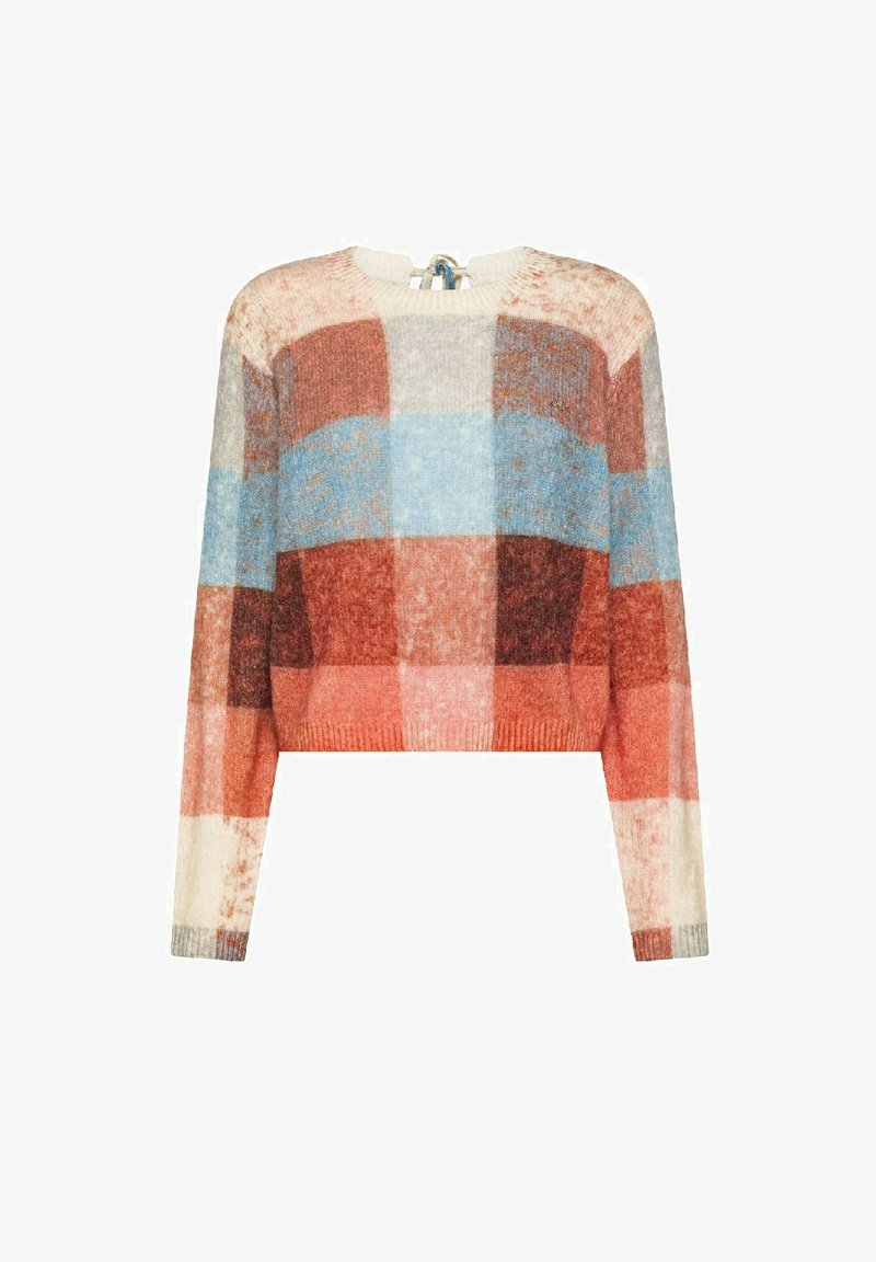 Maglione morbido a maglia con grandi blocchi a scacchi in tonalità di arancione, rosso, blu e beige, con maniche lunghe e scollatura rotonda.