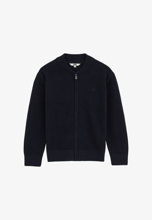 Tengerészkék cipzáros kardigán texturált kötött anyagból, kerek nyakkivágással és bordázott mandzsettákkal, diszkrét logóval a mellrészen.