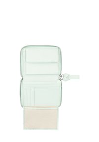 Mint green leather wallet features a zip closure, card slots, and a clear ID window. Smooth texture with subtle stitching detail.