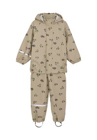 Ensemble de pluie étanche beige avec capuche, poignets élastiques et accents réfléchissants. Il présente un motif de diverses voitures en noir et vert.