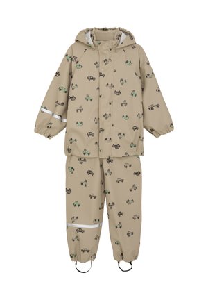 Beige waterproof rain suit featuring a hood, elastic cuffs, and reflective accents. It has a pattern of various cars in dark and green.