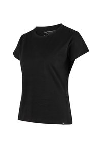 Black cotton t-shirt with a round neck, short sleeves, and a fitted design. Features a small branding logo near the hem. Basic and solid color.