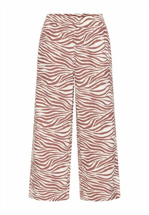 Plačios kojinės kelnės, pagamintos iš lengvos medžiagos, su zebro raštu rudos ir baltos spalvų. Elastinga juosmens juosta, be matomų kišenių ar tvirtinimo detalių.