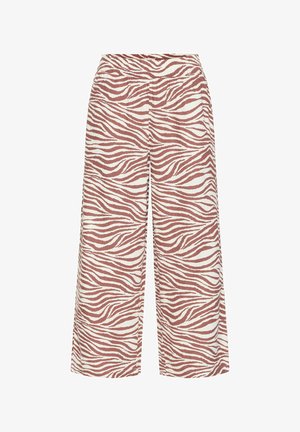 Plačios kojinės kelnės, pagamintos iš lengvos medžiagos, su zebro raštu rudos ir baltos spalvų. Elastinga juosmens juosta, be matomų kišenių ar tvirtinimo detalių.