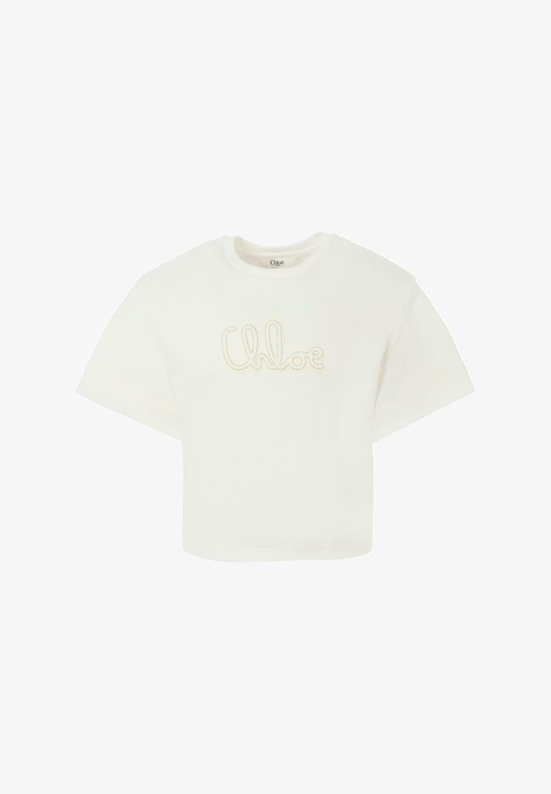 Biała krótka koszulka wykonana z bawełny, z krótkimi rękawami i teksturowanym logo "Chloe" haftowanym w beżowym kolorze na przodzie.