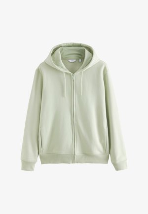 Lichtgroene zip-up hoodie van zachte stof, met een trekkoordkap, ribgebreide manchetten en zijzakken. Heeft een gladde textuur zonder patronen.
