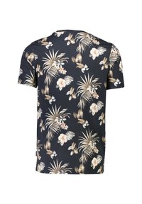 Lyhythihainen t-paita tummansinistä kangasta, jossa on kukkakuosiset beige, valkoinen ja vihreä. Pehmeä rakenne, pyöreä kaula-aukko, rento malli.