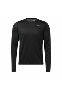 Långärmad svart träningsskjorta med rund halsringning, tillverkad av ett slätt, lätt material. Har en liten logotyp på bröstet.