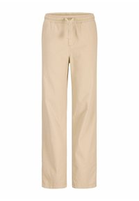 Pantalon beige droit avec taille élastique et cordon de serrage à l'avant, fabriqué en tissu léger.
