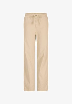 Beežid sirge lõikega püksid elastse vöökohaga ja eespaelaga, valmistatud kergest kangast.