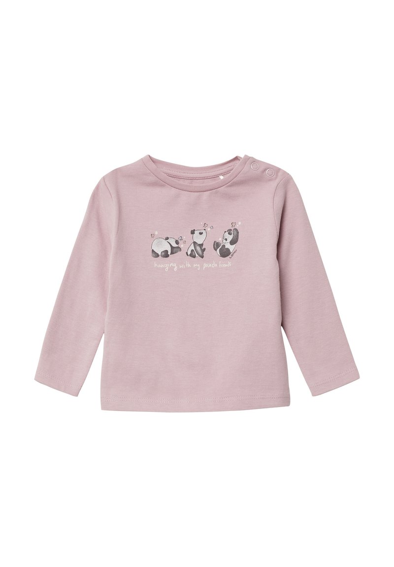 Langarmhemd aus pinker Baumwolle mit einer Grafik von drei Panda-Illustrationen und dem Text "mit meinen Panda-Freunden abhängen" darunter.