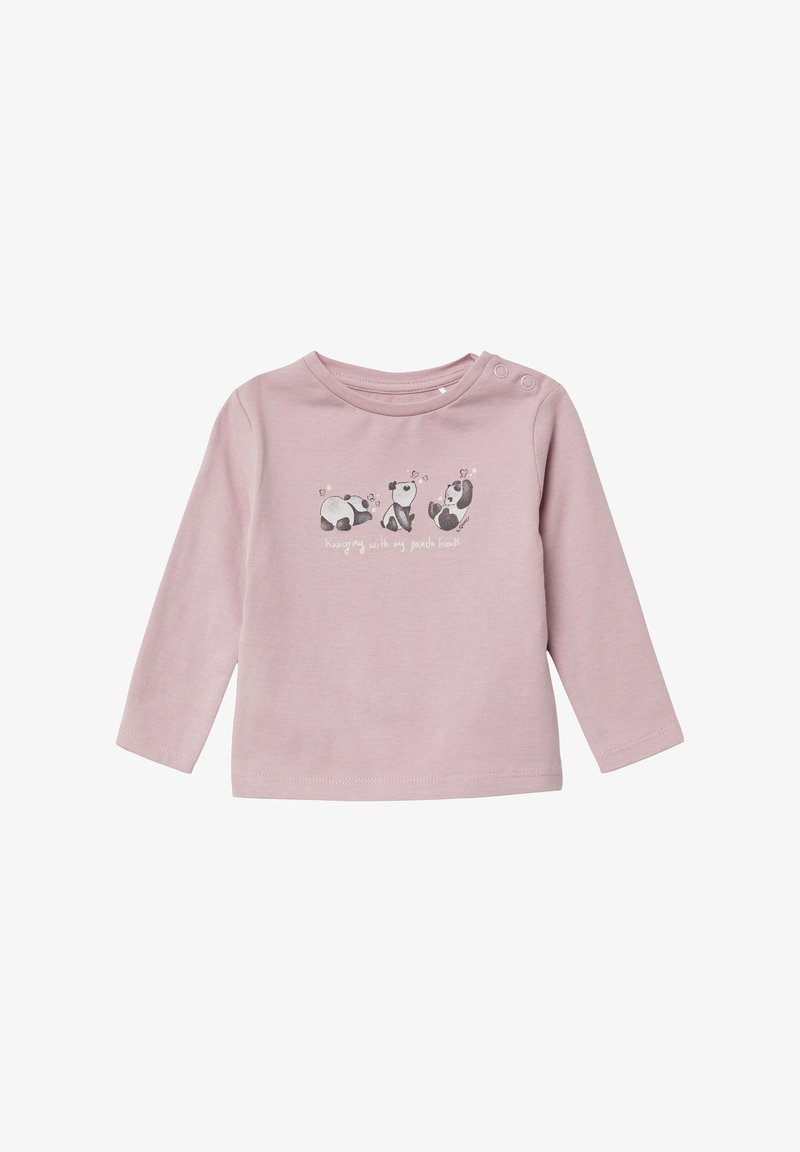 Langarmhemd aus pinker Baumwolle mit einer Grafik von drei Panda-Illustrationen und dem Text "mit meinen Panda-Freunden abhängen" darunter.