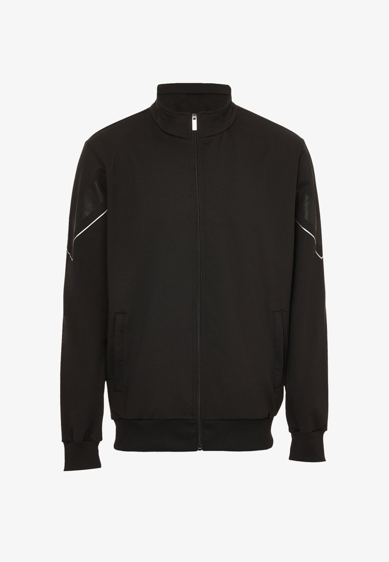 Sort zip-jakke i blødt stof, med høj krave, to sidelommer, ribbede cuffs og subtile hvide detaljer på skuldrene.