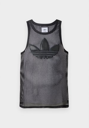 Débardeur en maille noire avec un logo Adidas en cuir noir sur le devant, col rond et sans manches.