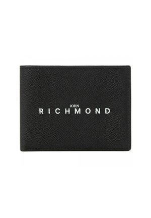 Portafoglio nero in materiale testurizzato con logo "JOHN RICHMOND" in rilievo sul fronte. Design rettangolare slim con bordi dritti.